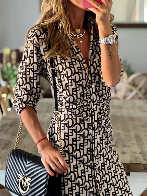Geometric Printed Long Sleeves Buttoned Maxi Dress