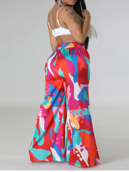 Mixed Print Drawstring Wide Leg Pants At8057