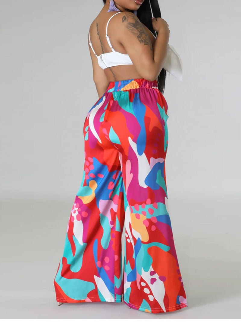 Mixed Print Drawstring Wide Leg Pants At8057