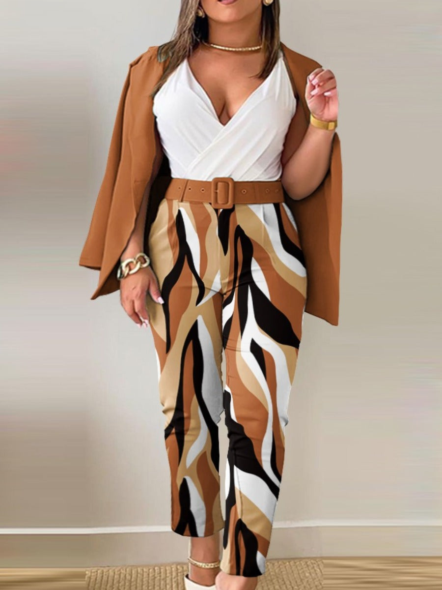 Letter Print Belt Design Blazer Pants Set Bo3021