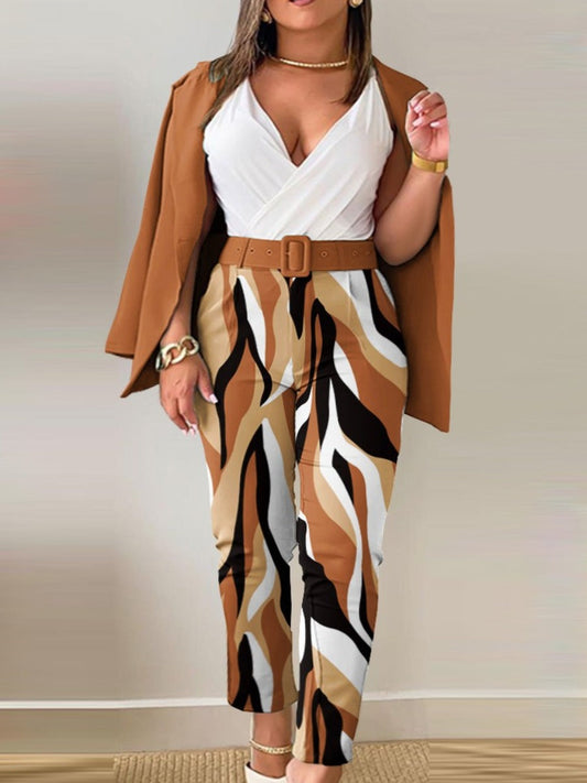 Letter Print Belt Design Blazer Pants Set Bo3021