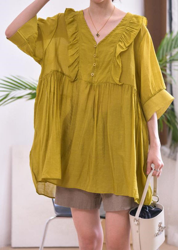 Ginger Wrinkled Cotton Blouse V Neck Half Sleeve Mn069
