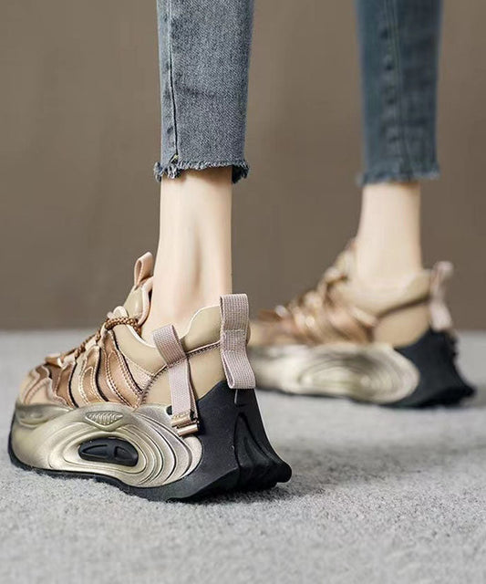 Gold Flat Shoes for Platform Genuine Leather Splicing Cross Strap Dd1023