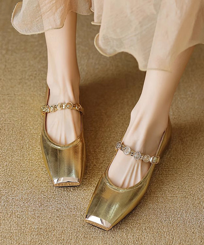 Gold Splicing Stylish Flat Shoes Square Toe Buckle Strap Qk056