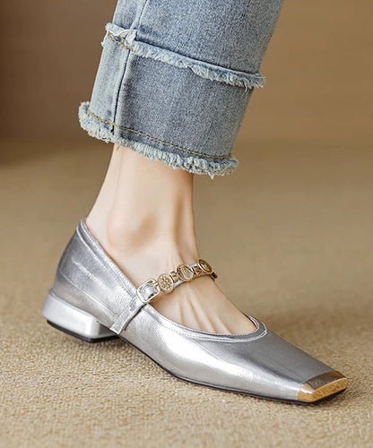 Gold Splicing Stylish Flat Shoes Square Toe Buckle Strap Qk056