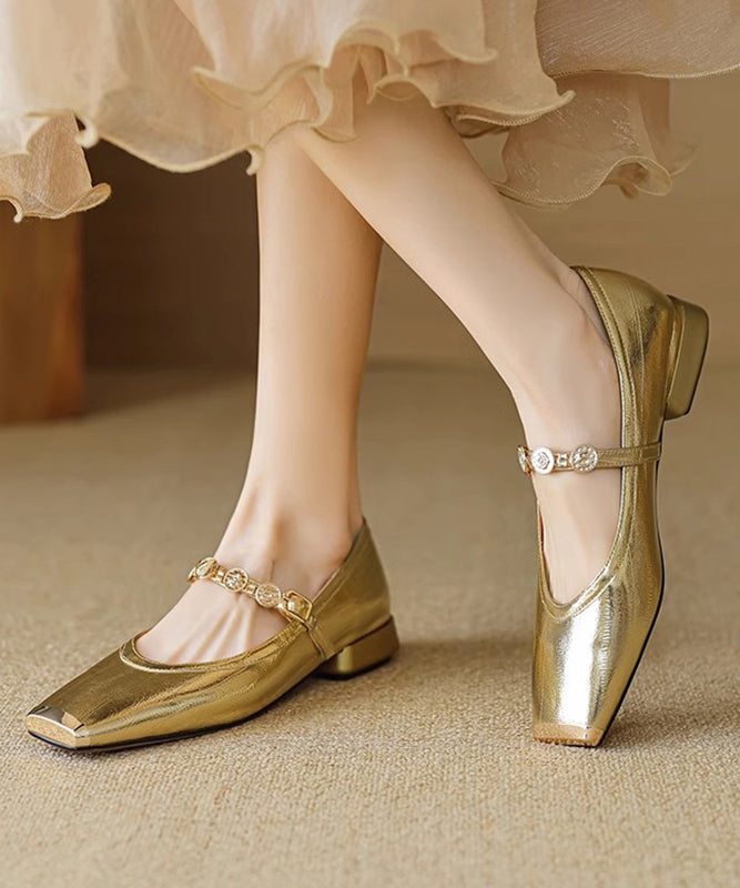 Gold Splicing Stylish Flat Shoes Square Toe Buckle Strap Qk056