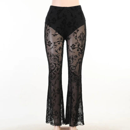 Goth Aesthetic Black Flared Pants Harajuku See Through Pants