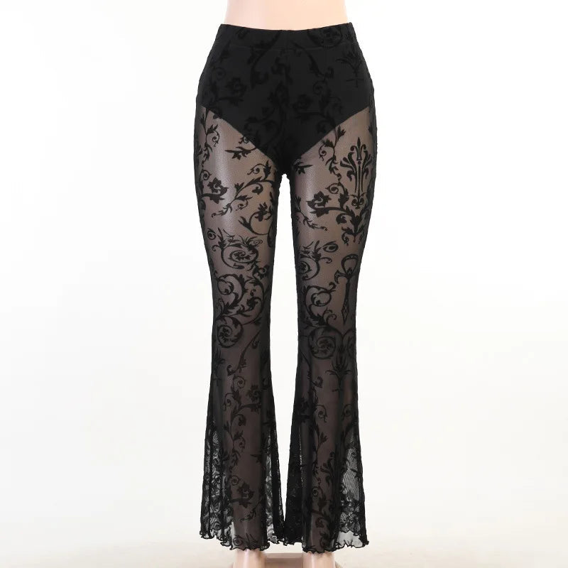 Goth Aesthetic Black Flared Pants Harajuku See Through Pants