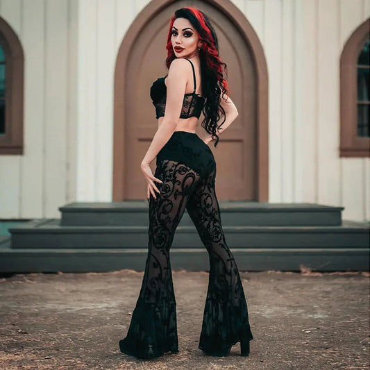 Goth Aesthetic Black Flared Pants Harajuku See Through Pants