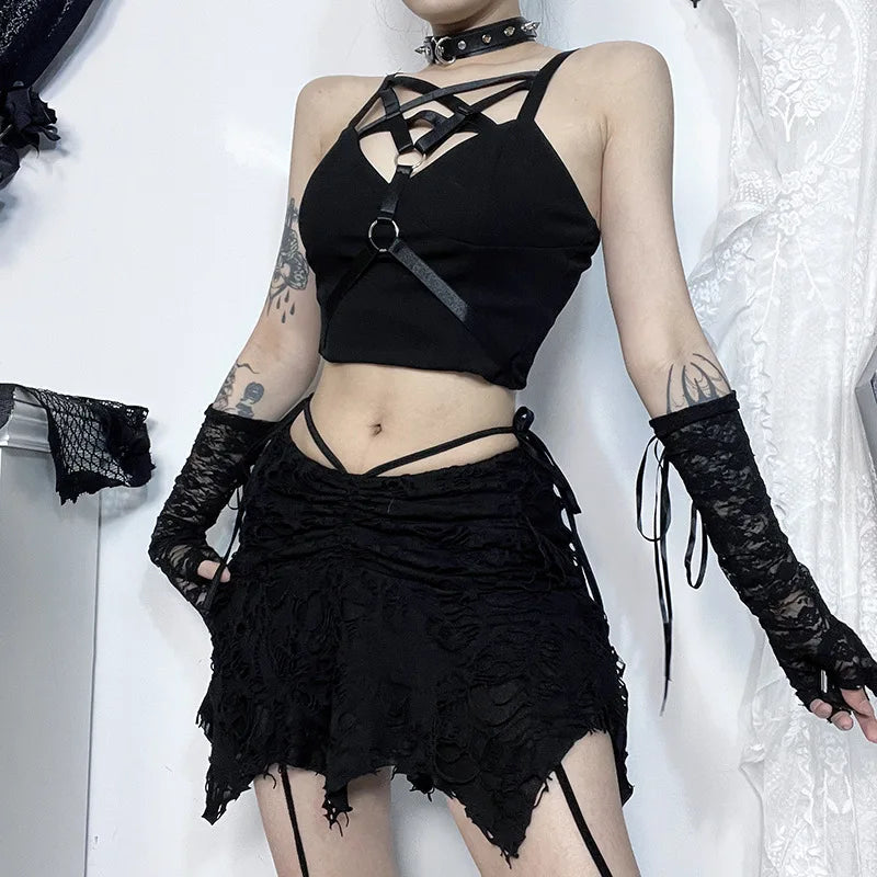 Goth Black Holes Lace-up Mini Folds Irregular Bodycon Short New Skirt