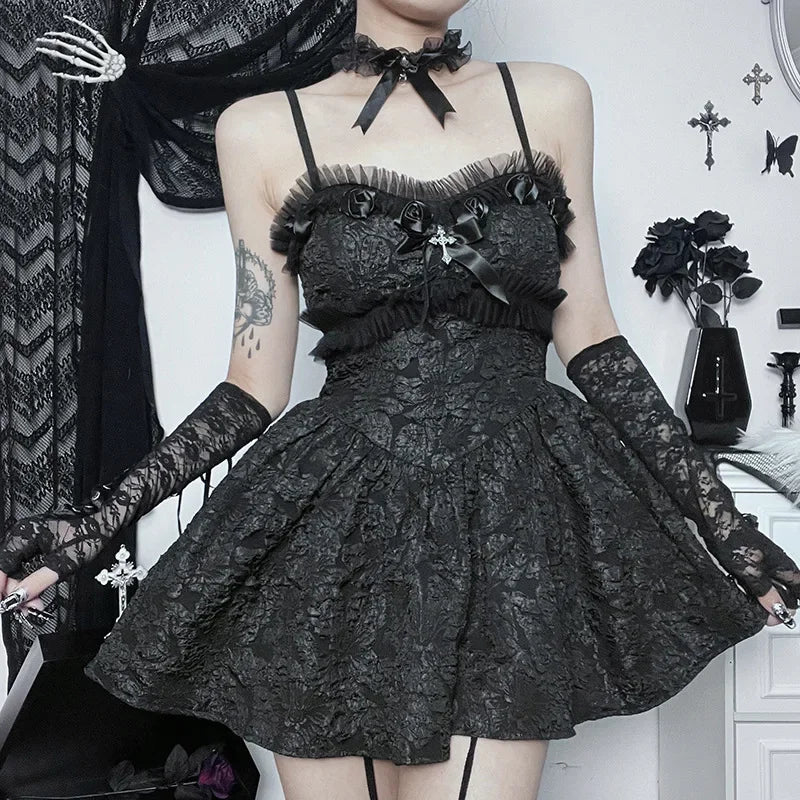 Corset A-line Mini Dress Black Rose Print Lace Patchwork Shirring Backless Slip Nightclub Party Dress