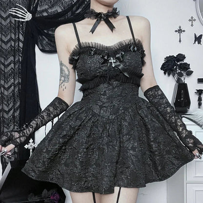 Corset A-line Mini Dress Black Rose Print Lace Patchwork Shirring Backless Slip Nightclub Party Dress