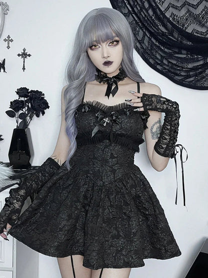 Corset A-line Mini Dress Black Rose Print Lace Patchwork Shirring Backless Slip Nightclub Party Dress