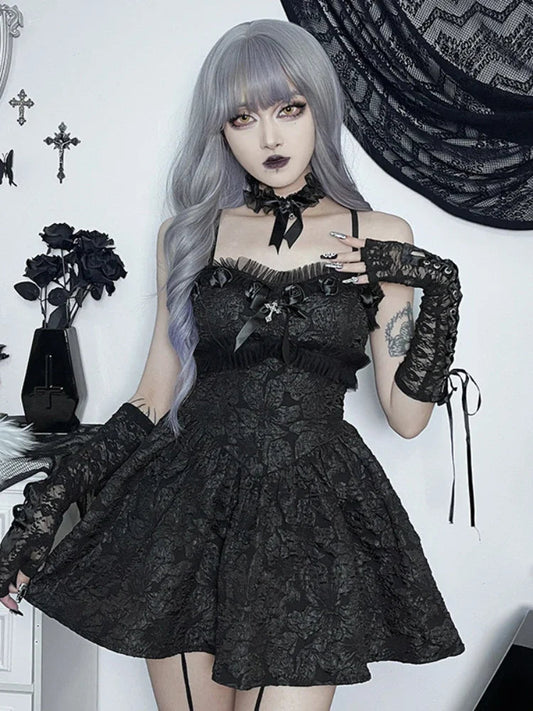 Corset A-line Mini Dress Black Rose Print Lace Patchwork Shirring Backless Slip Nightclub Party Dress