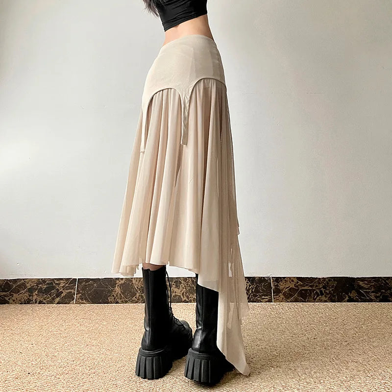 Goth Cyber Y2k Irregular Hem Mid Harajuku Mesh Patchwork Club Alt Skirt