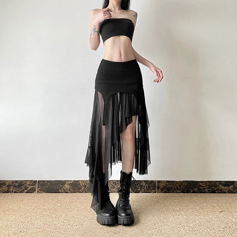 Goth Cyber Y2k Irregular Hem Mid Harajuku Mesh Patchwork Club Alt Skirt