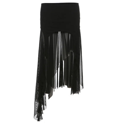 Goth Cyber Y2k Irregular Hem Mid Harajuku Mesh Patchwork Club Alt Skirt