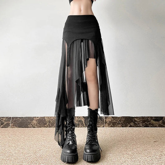 Goth Cyber Y2k Irregular Hem Mid Harajuku Mesh Patchwork Club Alt Skirt