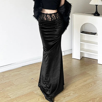 Goth Dark Mall Gothic Velvet Trumpet Y2k Partywear Lace Patchwork Long Skirt