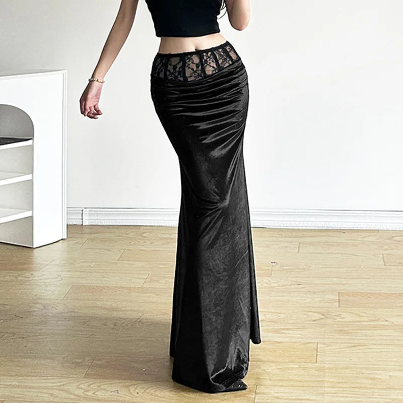Goth Dark Mall Gothic Velvet Trumpet Y2k Partywear Lace Patchwork Long Skirt