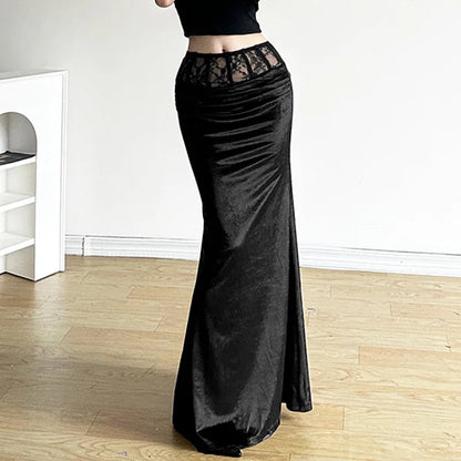 Goth Dark Mall Gothic Velvet Trumpet Y2k Partywear Lace Patchwork Long Skirt