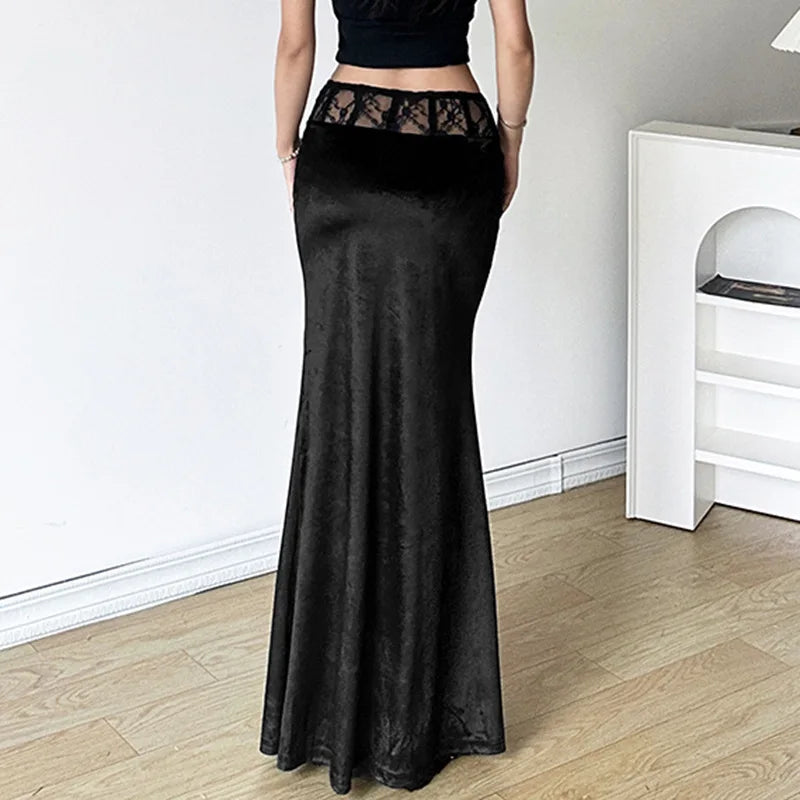 Goth Dark Mall Gothic Velvet Trumpet Y2k Partywear Lace Patchwork Long Skirt