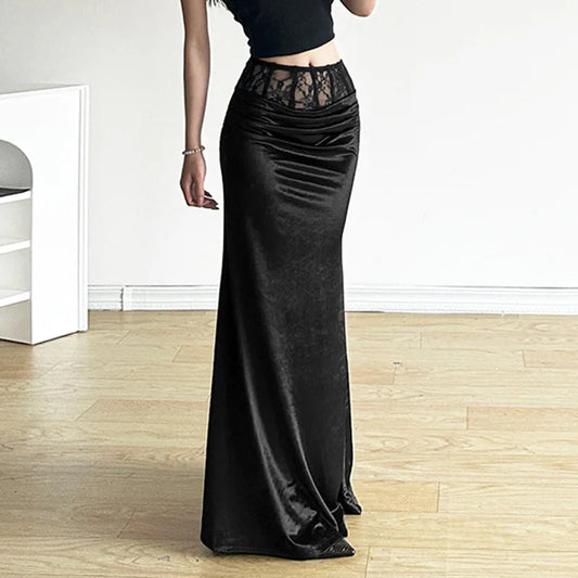 Goth Dark Mall Gothic Velvet Trumpet Y2k Partywear Lace Patchwork Long Skirt