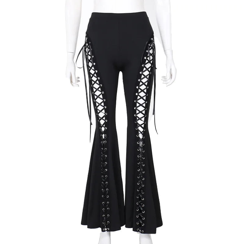 Y2k Grudge Harajuku Gothic Punk Eyelet Bandage Flared High Waist Hip Hop Pants