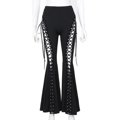 Goth Dark Grunge Black Bandage Pants Hollow Flare Pants
