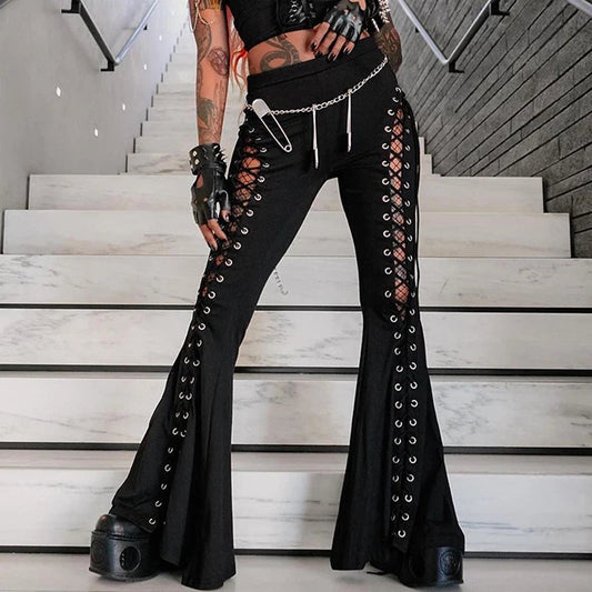 Goth Dark Grunge Black Bandage Pants Hollow Flare Pants