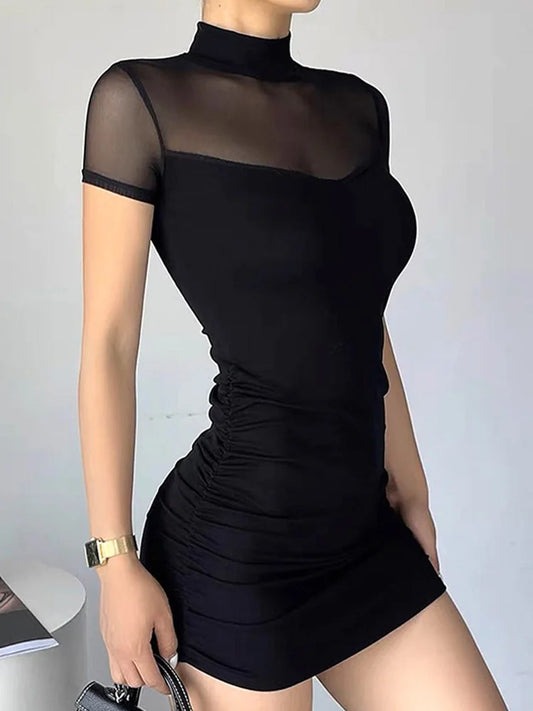 Goth Dark Mock Neck Y2k Bodycon Mini Dresses Gothic Mesh Patchwork Sheer Party Dress
