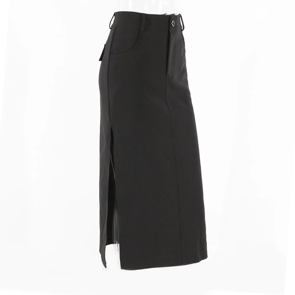 Goth Dark Black Y2k Cargo Midi Grunge Gothic Split High Waist Skirt