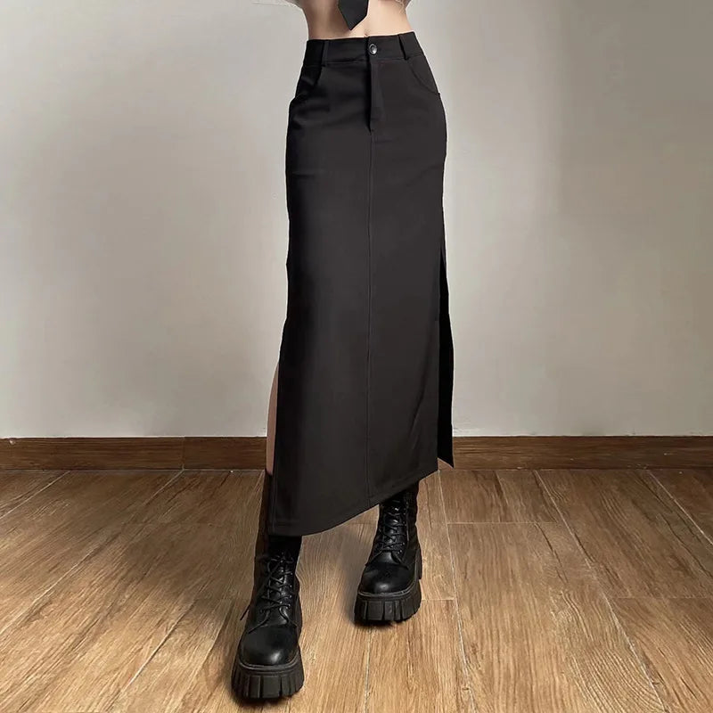 Goth Dark Black Y2k Cargo Midi Grunge Gothic Split High Waist Skirt