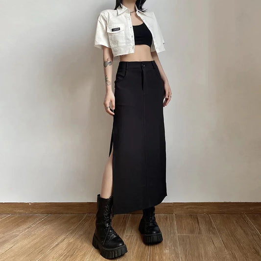 Goth Dark Black Y2k Cargo Midi Grunge Gothic Split High Waist Skirt