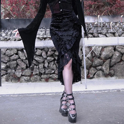 Goth Dark Mall Gothic Ruffles Mermaid Grunge Aesthetic Lace Hem Midi Skirt