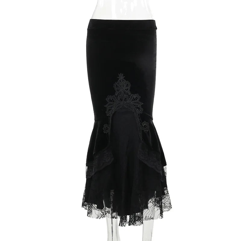 Goth Dark Mall Gothic Ruffles Mermaid Grunge Aesthetic Lace Hem Midi Skirt