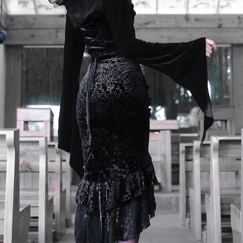Goth Dark Mall Gothic Ruffles Mermaid Grunge Aesthetic Lace Hem Midi Skirt