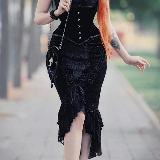 Goth Dark Mall Gothic Ruffles Mermaid Grunge Aesthetic Lace Hem Midi Skirt