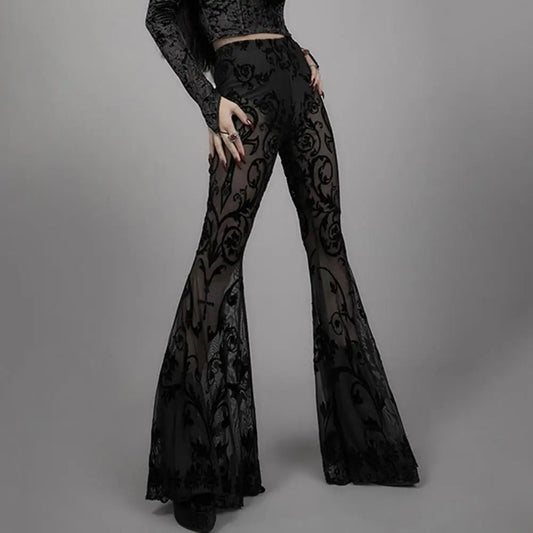 Gothic Black Summer Flare High Waist Punk Trousers Pants