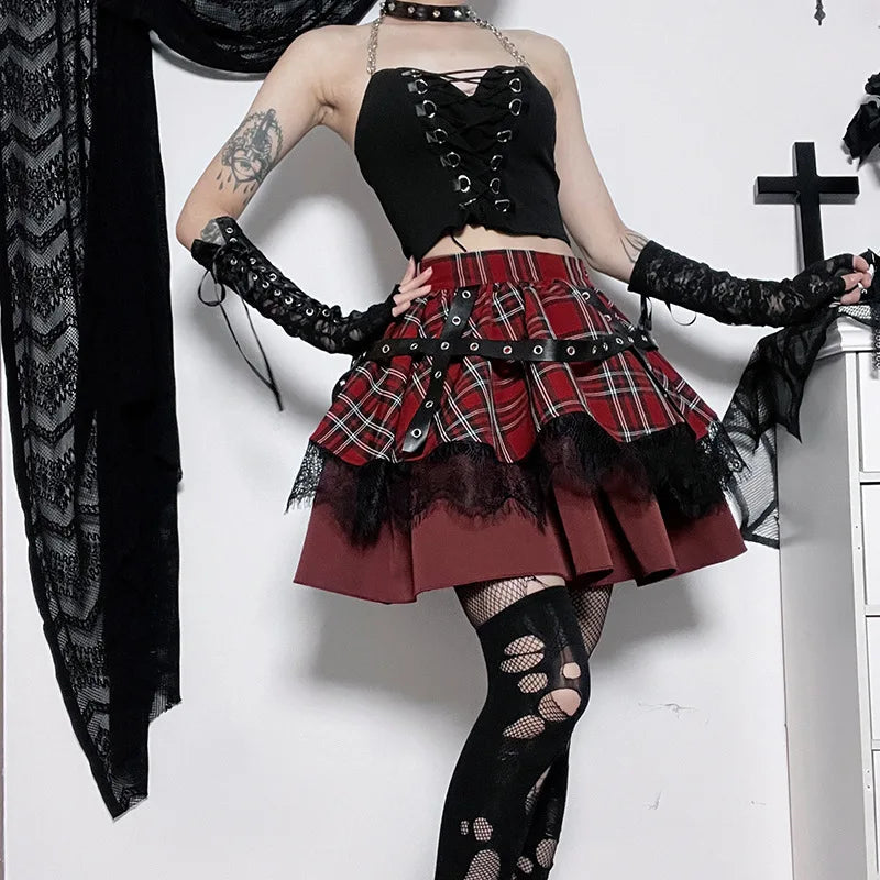 Gothic Harajuku Plaid Pleated Sweet Lace Kawaii Y2k Costume Skirt