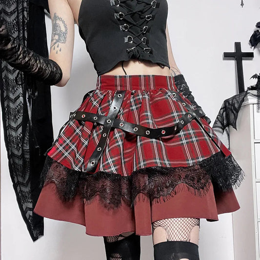 Y2k Lolita Cake Mini Gothic Harajuku Plaid Pleated Sweet Lace Kawaii Skirt