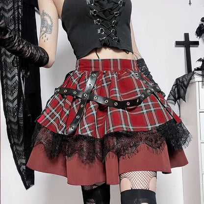 Gothic Harajuku Plaid Pleated Sweet Lace Kawaii Y2k Costume Skirt