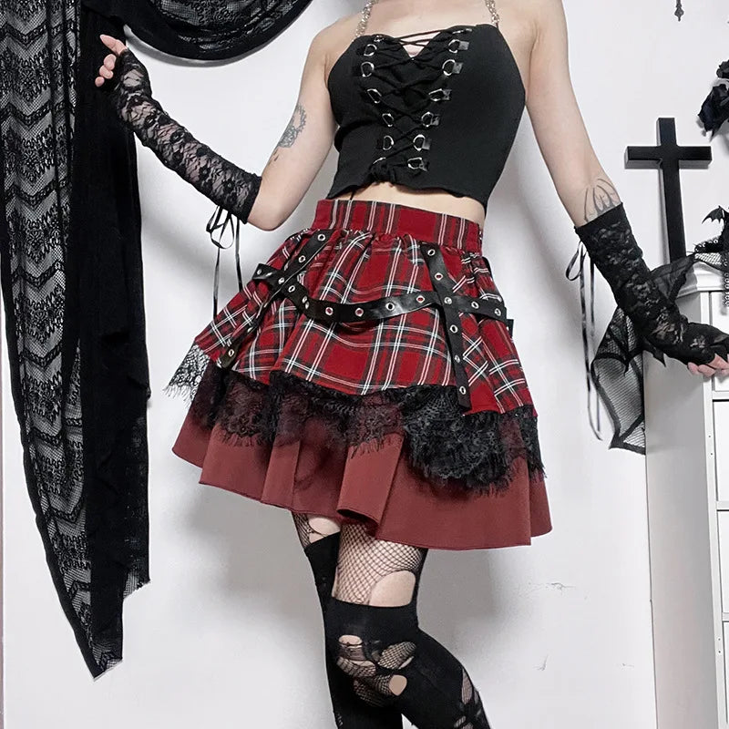 Gothic Harajuku Plaid Pleated Sweet Lace Kawaii Y2k Costume Skirt