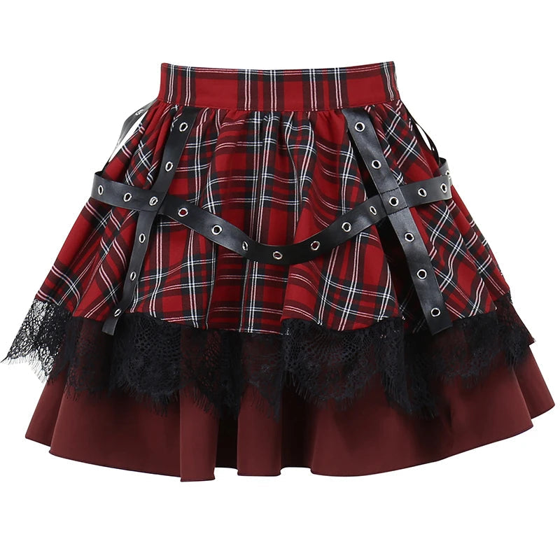 Gothic Harajuku Plaid Pleated Sweet Lace Kawaii Y2k Costume Skirt