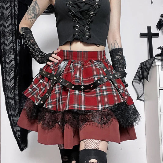 Gothic Harajuku Plaid Pleated Sweet Lace Kawaii Y2k Costume Skirt