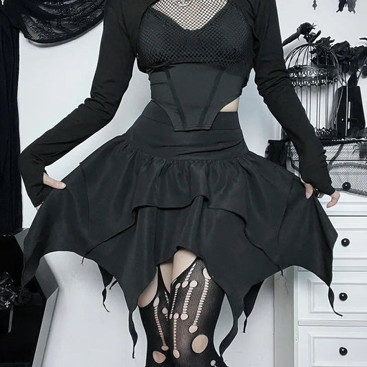 Irregular Color Drawstring Tie-up Ruched Ruffles Mini Skirt