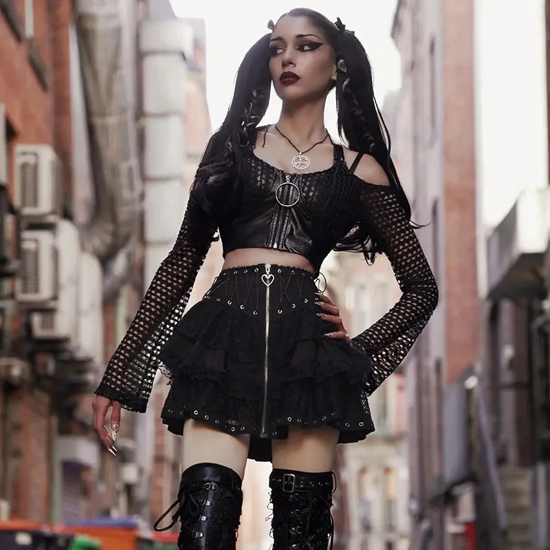 High Waist Zipper Front Japanese Style Kawaii Black Harajuku Gothic Skater Mini Skirt