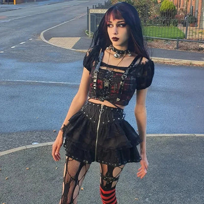 High Waist Zipper Front Japanese Style Kawaii Black Harajuku Gothic Skater Mini Skirt