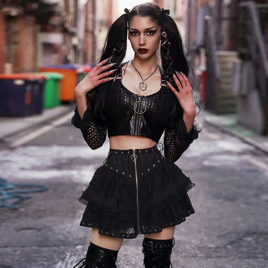 Gothic High Waist Zipper Front Japanese Kawaii Black Cosplay Skirt
