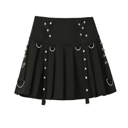Gothic Diablo Harajuku Personality Spice Rivet Metal Buckle Streamer Low Waist a Version Short Pleated Skirt